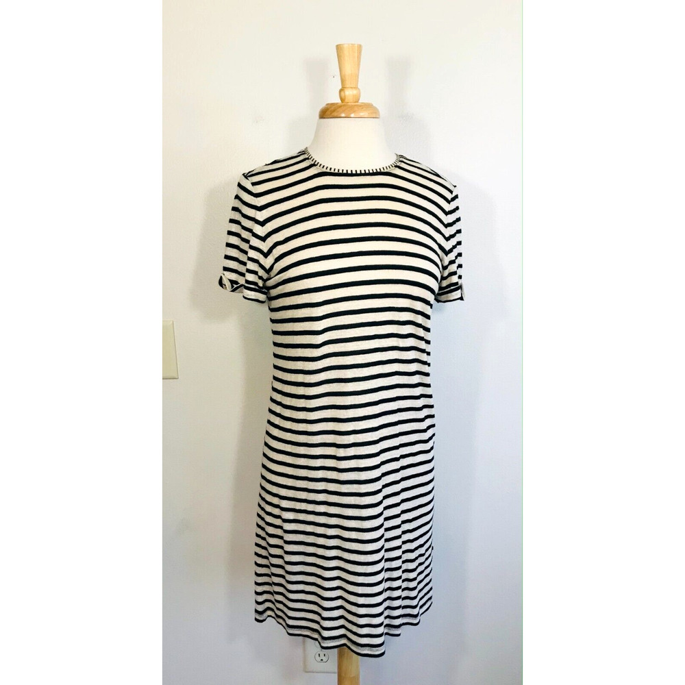 Alice‎ Olivia Shirt Dress Linen Stripe Black Cream Casual Crew-Neck, S